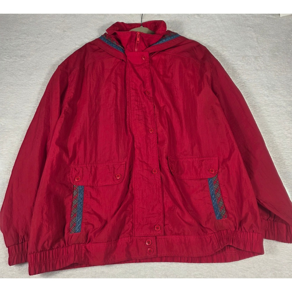 Koret Windbreaker Jacket Womens 2X Red Good‎ Vintage Hooded Plaid Trim Retro 90s